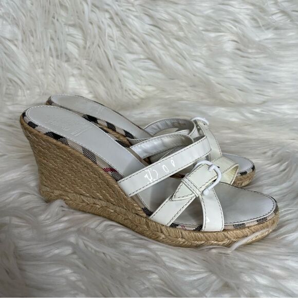 Burberry‎ strappy Nova check Plaid Jute wedge Espadrille sandals Coastal 37 - Picture 1 of 9